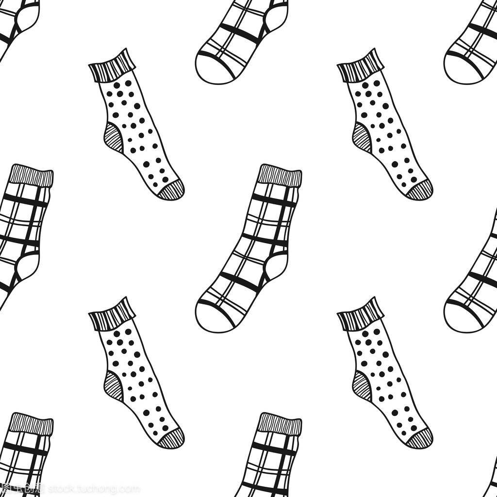 襪子。黑白無縫圖案, 用于著色書籍和頁面。針織服裝。矢量插圖